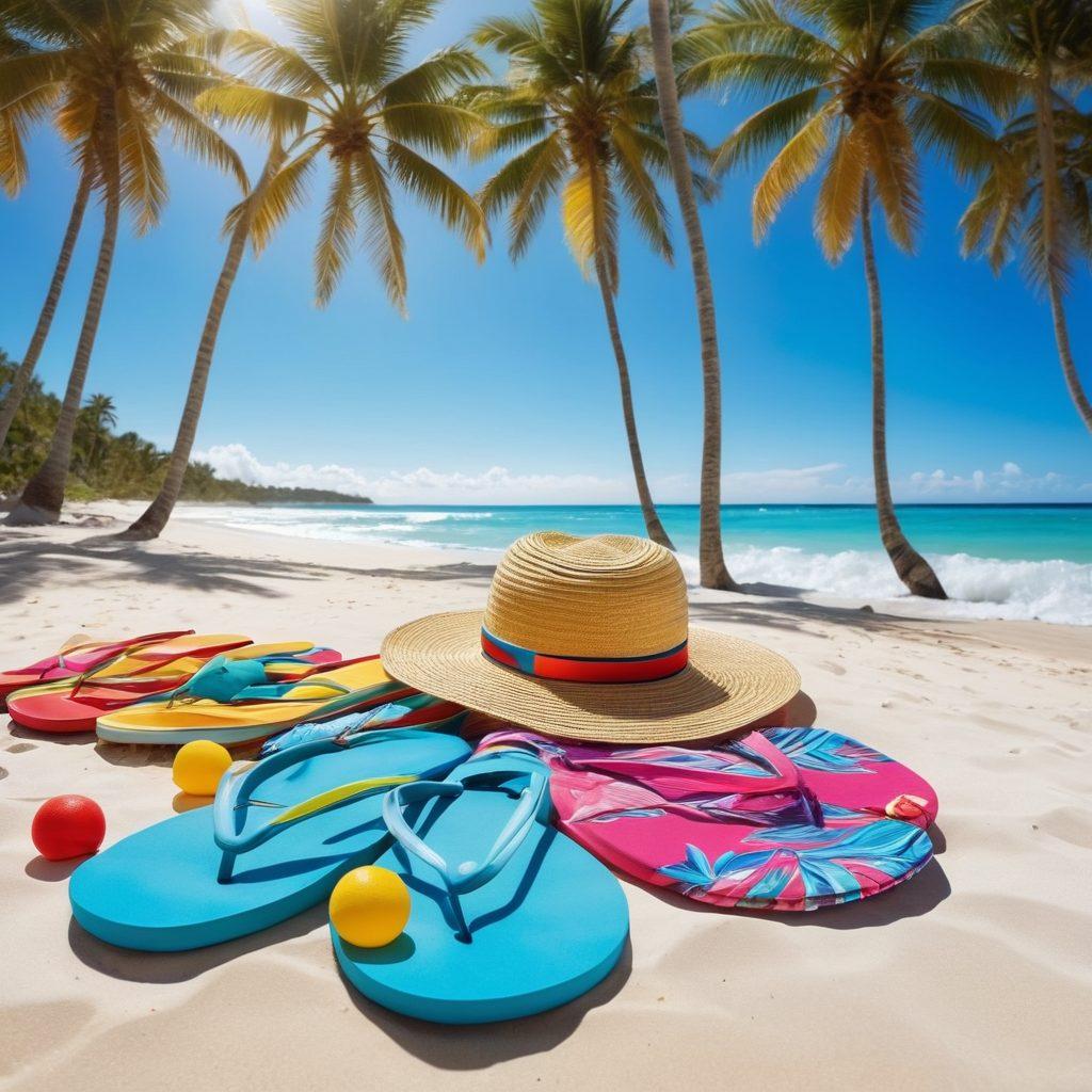 A vibrant beach scene featuring a stylish assortment of beachwear essentials such as colorful swimsuits, chic cover-ups, oversized sun hats, and trendy sunglasses, scattered on a sunlit sandy beach. In the background, crystal-clear blue waves gently lap against the shore, palm trees sway in the breeze, and a clear sky enhances the summer vibe. Include playful accents like beach balls and flip-flops to embody a fun, carefree atmosphere. super-realistic. vibrant colors. bright sunlight.