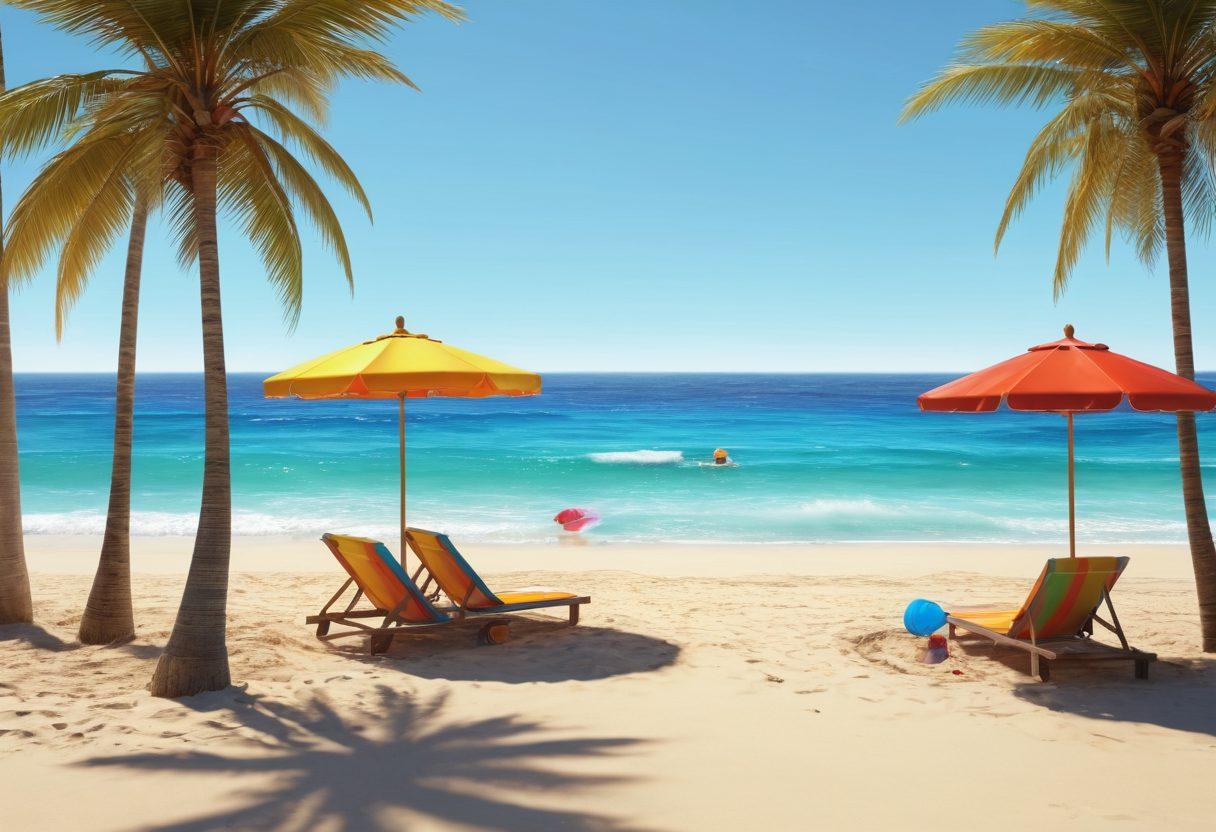 A tranquil beach scene showcasing golden sands merging into vibrant blue surf, with colorful beach umbrellas and surfboards scattered around. Include sunbathers enjoying the sun, children playing with beach toys, and palm trees swaying gently in the breeze. Capture the essence of a relaxing beach lifestyle, emphasizing warmth and joy. super-realistic. vibrant colors. 3D.