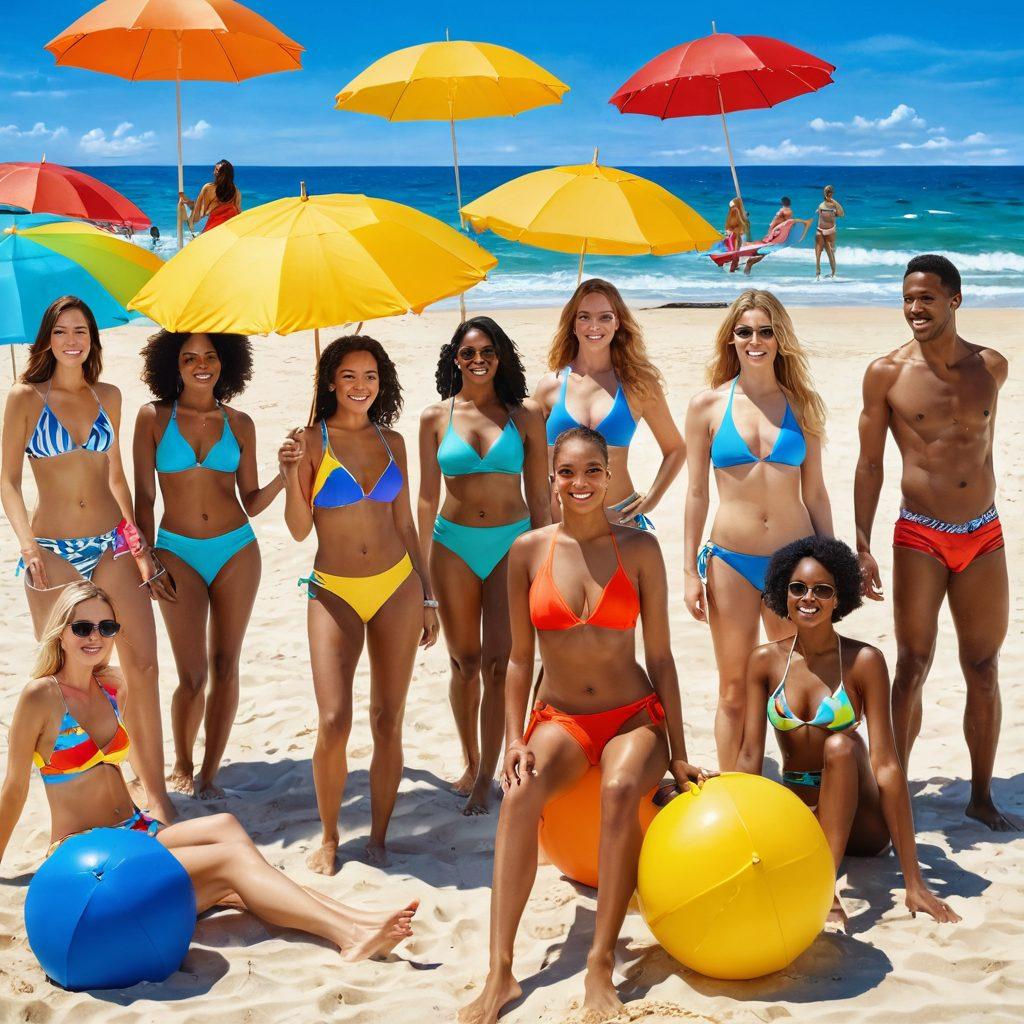 A bright beach scene showcasing a diverse group of people wearing stylish two-piece swimsuits and beachwear, set against a backdrop of clear blue skies and golden sands. Include colorful beach umbrellas, vibrant beach balls, and sunbathers enjoying the sun. Capture the essence of summer with cheerful expressions and playful interactions. Make it feel lively and inviting. super-realistic. vibrant colors. beach setting.